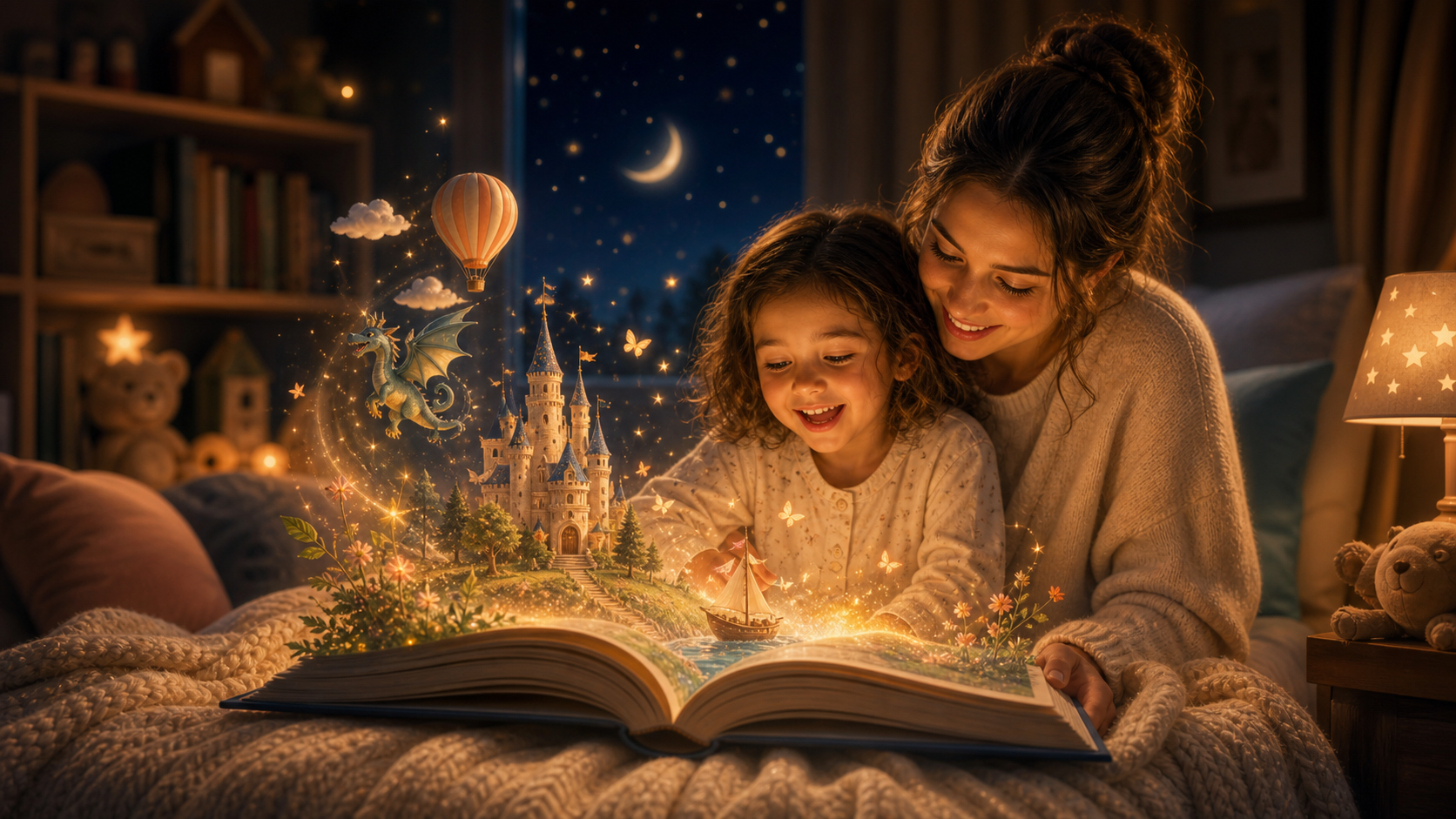 A parent and child reading a magical personalized picture book at bedtime
