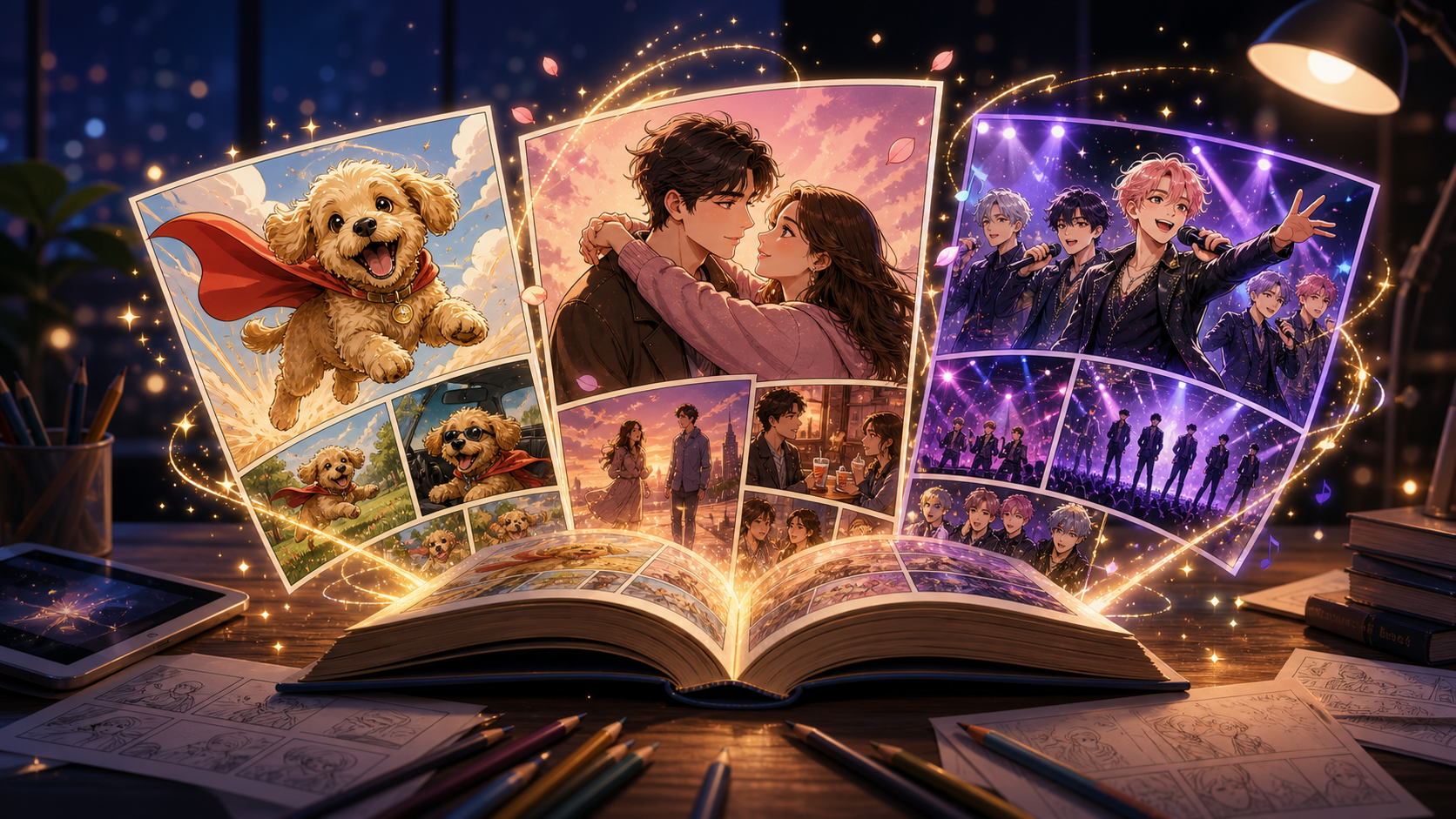 Magical comic panels showing pet, couple, and fictional idol-style story ideas