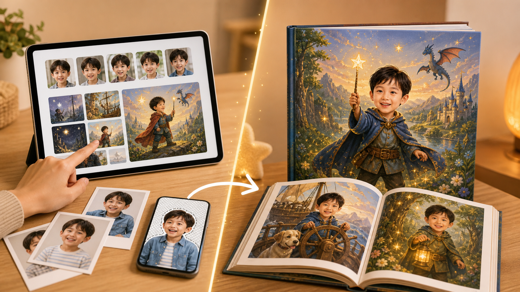 OwnTale before and after personalization example for Libro de fotos de Avatar personalizado